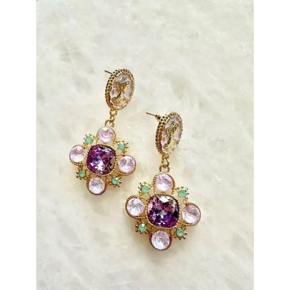 Light pink and mint green Silhouette super sparkly flower crest dangle earrings